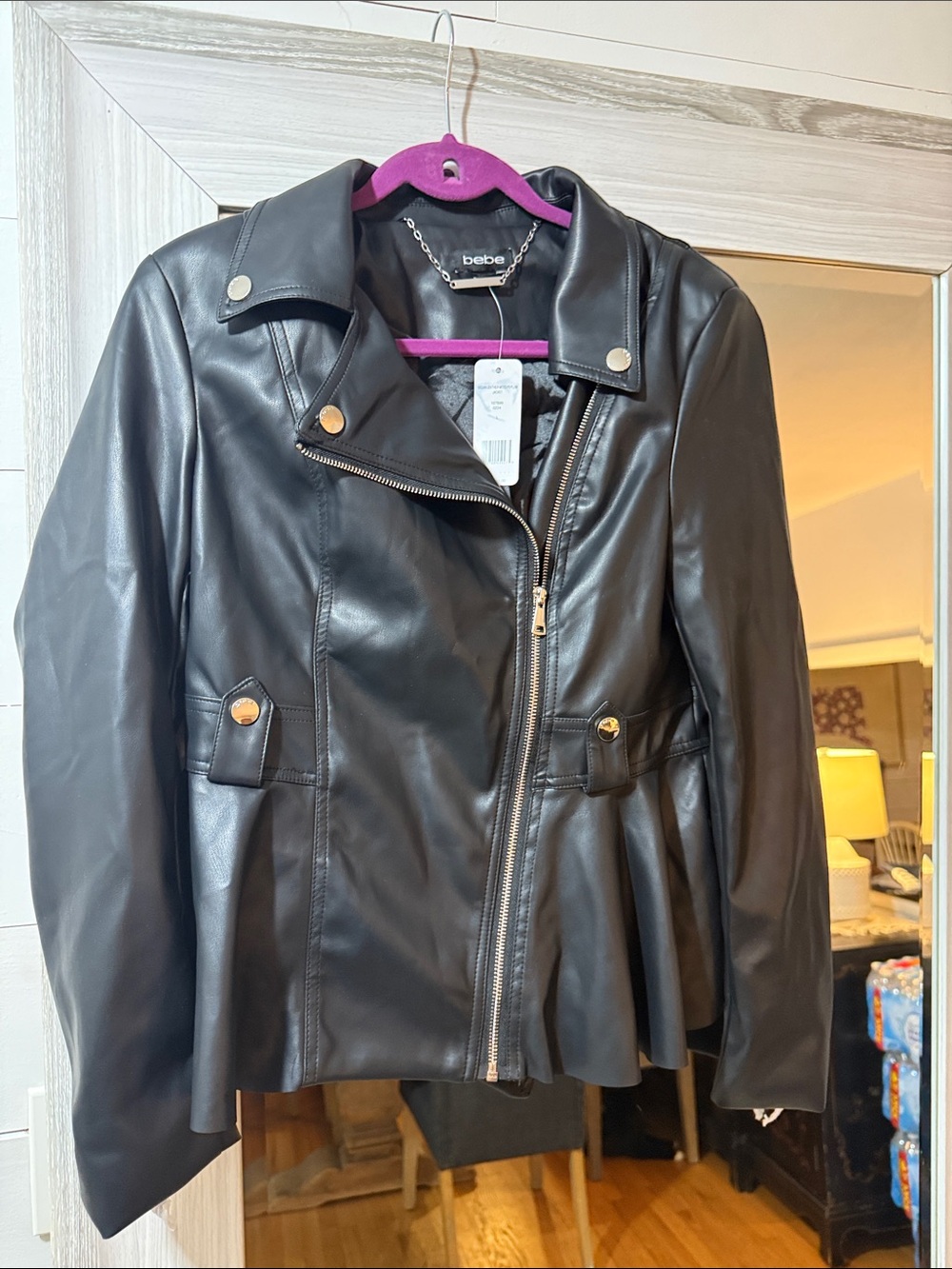 bebe Black Faux Leather Peplum Moto Jacket